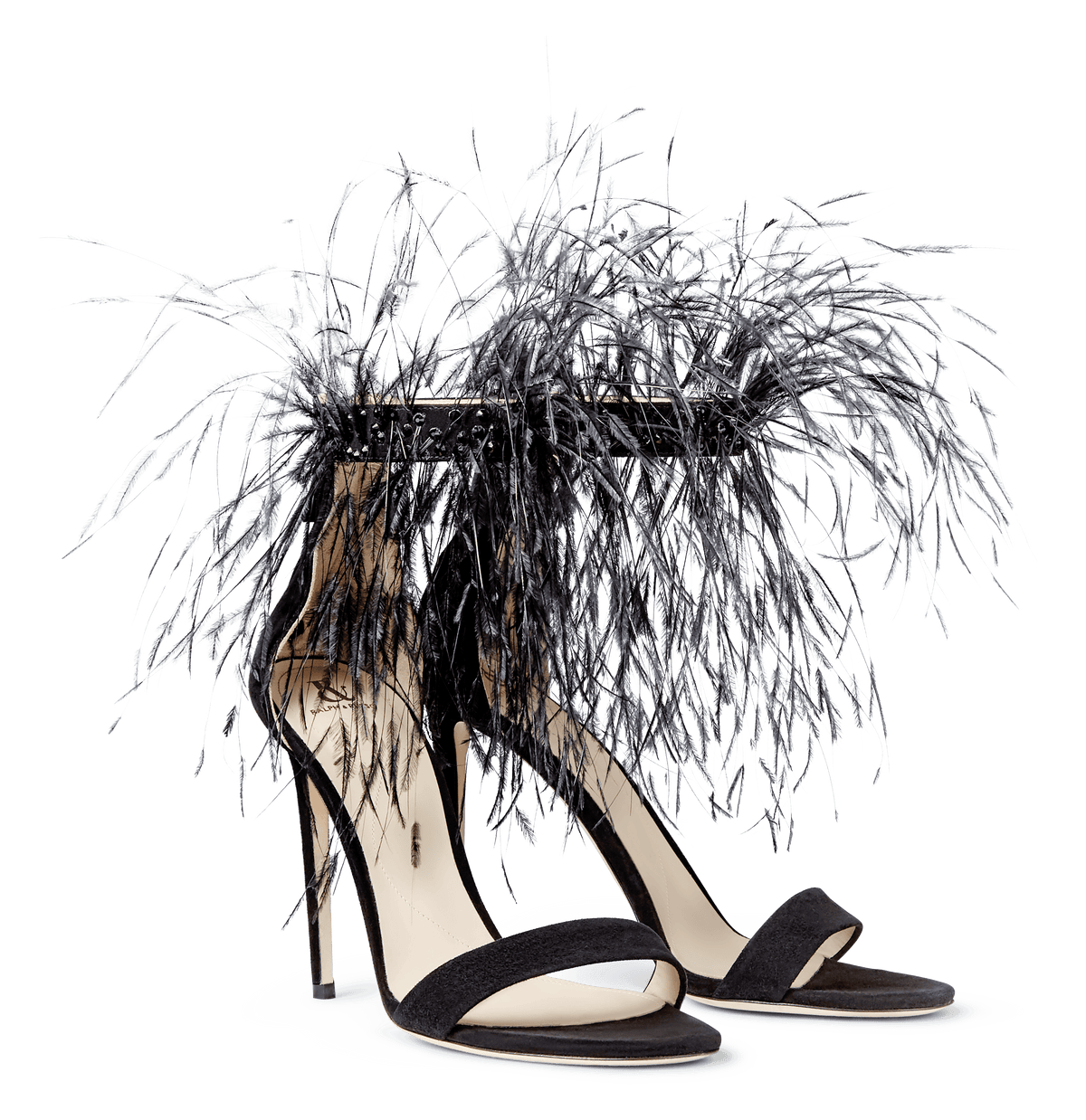 Black Suede Strap Sandals with Feathers